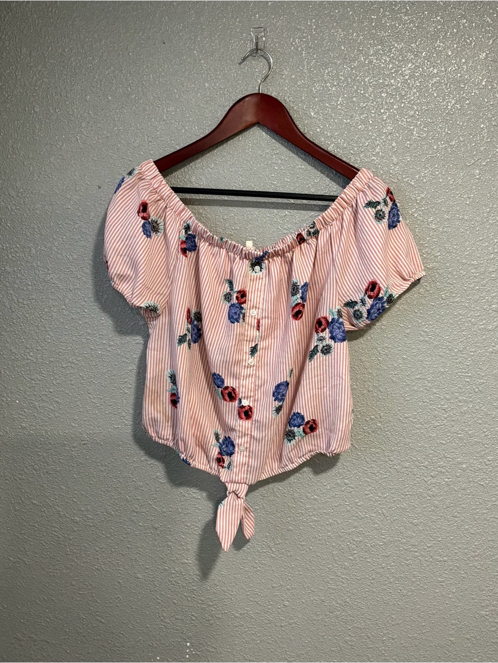 Ash Pink Striped Off-Shoulder Tie-Front Blouse with Floral Embroidery